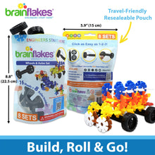 Load image into Gallery viewer, Brain Flakes 16 Wheels and 8 Axles Pouch Add-On Travel Kit - Build Cars, Trucks, Anything That Spins - Compatible Brand Discs - A Great STEM Toy
