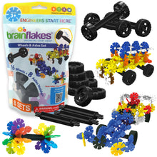 Load image into Gallery viewer, Brain Flakes 16 Wheels and 8 Axles Pouch Add-On Travel Kit - Build Cars, Trucks, Anything That Spins - Compatible Brand Discs - A Great STEM Toy
